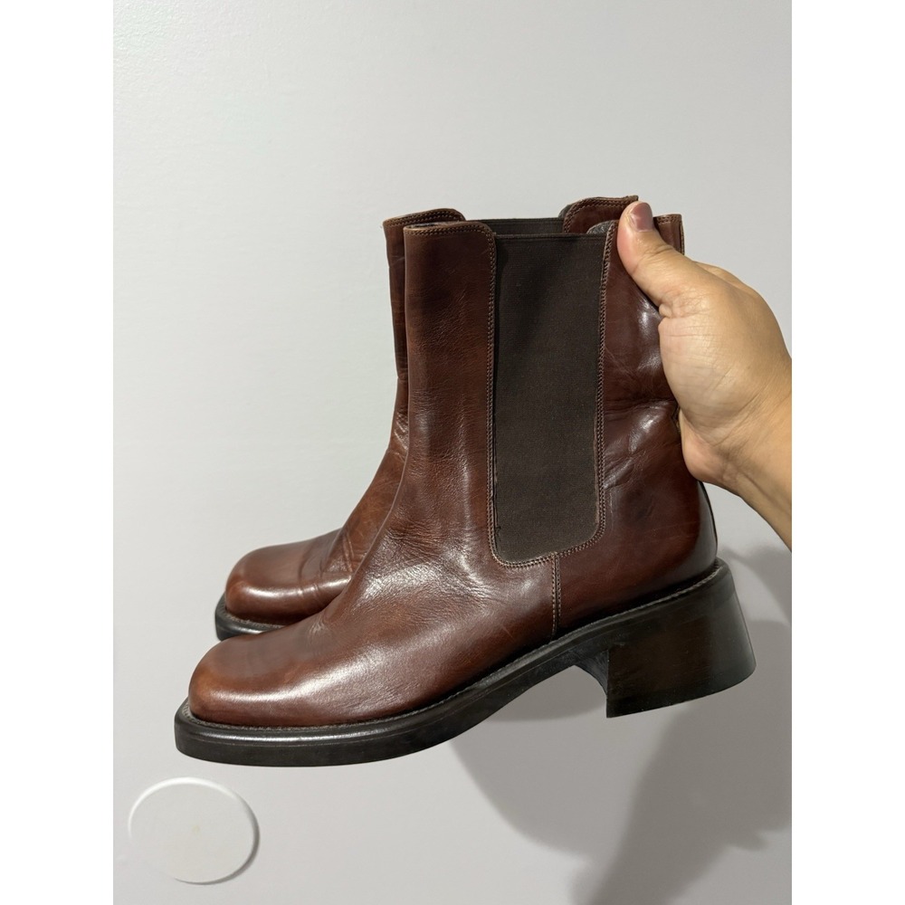 Joan And‎ David Brown Leather Boots Booties Sz 40 Made In Italy Square Toe Y2K